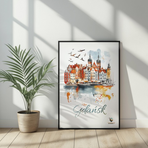 Plakat architektoniczny Format A3 – „Gdańsk – I LOVE GDAŃSK” – Malarska interpretacja Gdańskiej panoramy nad Motławą