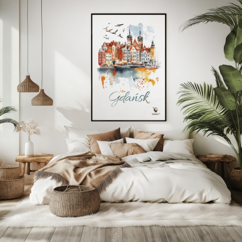 Plakat architektoniczny Format A3 – „Gdańsk – I LOVE GDAŃSK” – Malarska interpretacja Gdańskiej panoramy nad Motławą