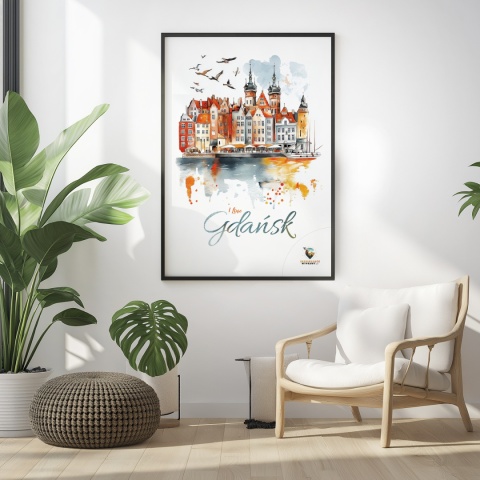 Plakat architektoniczny Format A3 – „Gdańsk – I LOVE GDAŃSK” – Malarska interpretacja Gdańskiej panoramy nad Motławą