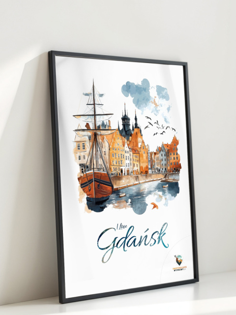 Plakat architektoniczny Format A2 – „Gdańsk – I LOVE GDAŃSK” – Malarska interpretacja Gdańskiej panoramy nad Motławą