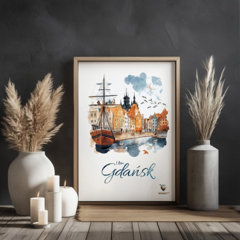 Plakat architektoniczny Format A2 – „Gdańsk – I LOVE GDAŃSK” – Malarska interpretacja Gdańskiej panoramy nad Motławą
