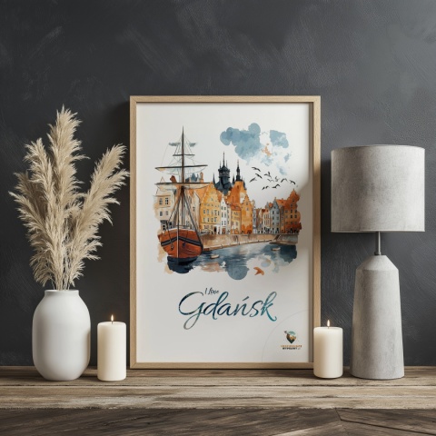 Plakat architektoniczny Format A2 – „Gdańsk – I LOVE GDAŃSK” – Malarska interpretacja Gdańskiej panoramy nad Motławą