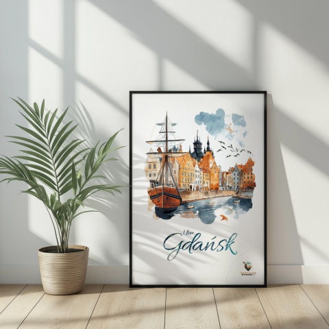Plakat architektoniczny Format A2 – „Gdańsk – I LOVE GDAŃSK” – Malarska interpretacja Gdańskiej panoramy nad Motławą