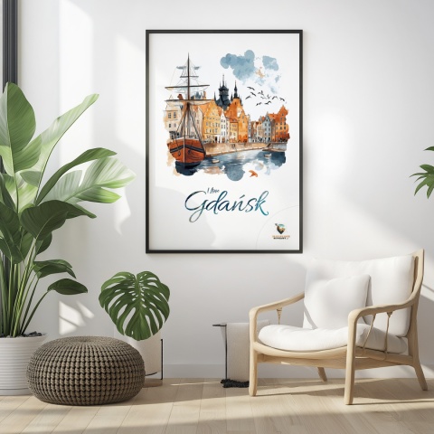 Plakat architektoniczny Format A2 – „Gdańsk – I LOVE GDAŃSK” – Malarska interpretacja Gdańskiej panoramy nad Motławą