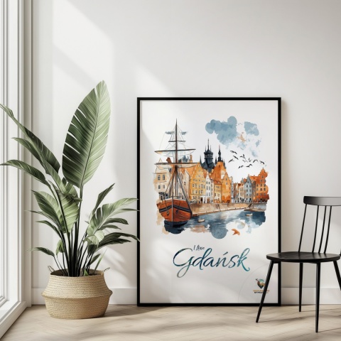Plakat architektoniczny Format A2 – „Gdańsk – I LOVE GDAŃSK” – Malarska interpretacja Gdańskiej panoramy nad Motławą