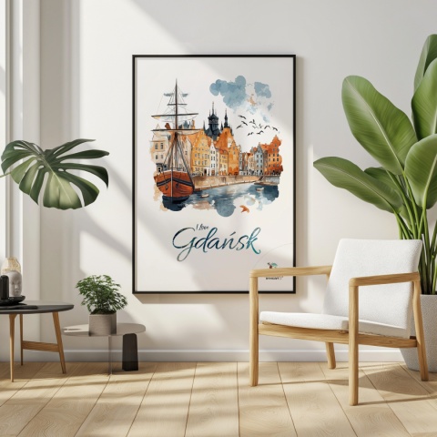 Plakat architektoniczny Format A2 – „Gdańsk – I LOVE GDAŃSK” – Malarska interpretacja Gdańskiej panoramy nad Motławą