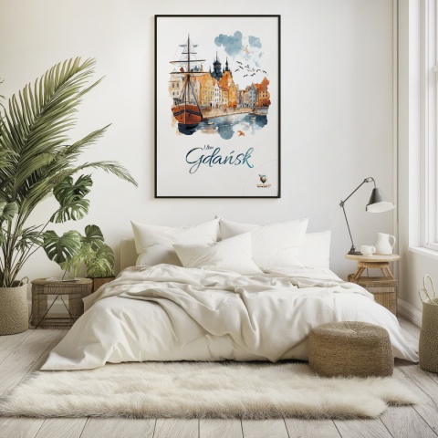 Plakat architektoniczny Format A2 – „Gdańsk – I LOVE GDAŃSK” – Malarska interpretacja Gdańskiej panoramy nad Motławą