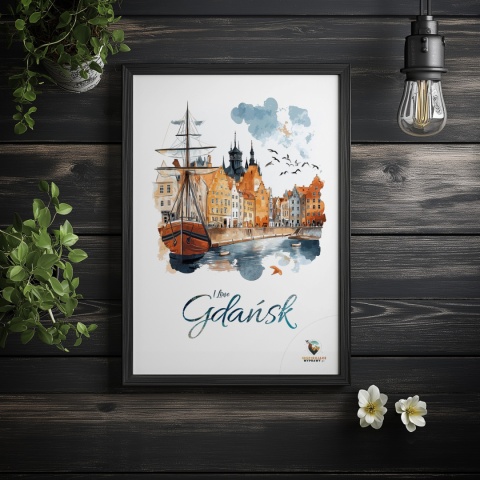 Plakat architektoniczny Format A2 – „Gdańsk – I LOVE GDAŃSK” – Malarska interpretacja Gdańskiej panoramy nad Motławą