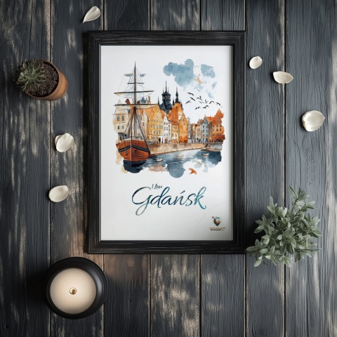 Plakat architektoniczny Format A2 – „Gdańsk – I LOVE GDAŃSK” – Malarska interpretacja Gdańskiej panoramy nad Motławą