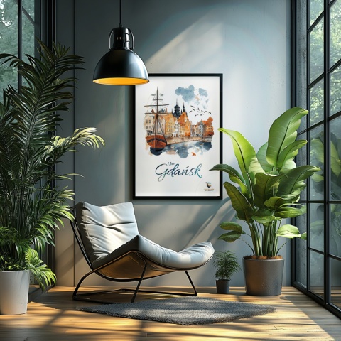 Plakat architektoniczny Format A2 – „Gdańsk – I LOVE GDAŃSK” – Malarska interpretacja Gdańskiej panoramy nad Motławą