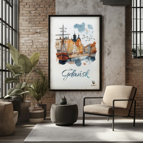 Plakat architektoniczny Format A2 – „Gdańsk – I LOVE GDAŃSK” – Malarska interpretacja Gdańskiej panoramy nad Motławą