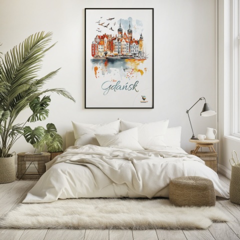 Plakat architektoniczny Format A3 – „Gdańsk – I LOVE GDAŃSK” – Malarska interpretacja Gdańskiej panoramy nad Motławą