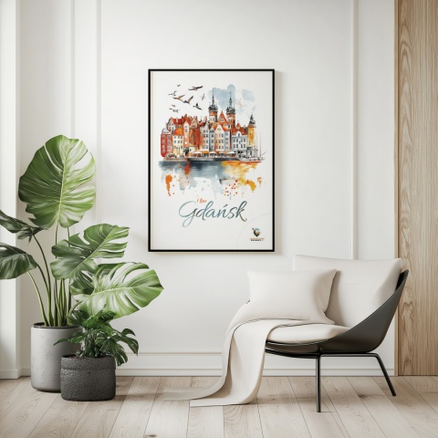 Plakat architektoniczny Format A3 – „Gdańsk – I LOVE GDAŃSK” – Malarska interpretacja Gdańskiej panoramy nad Motławą