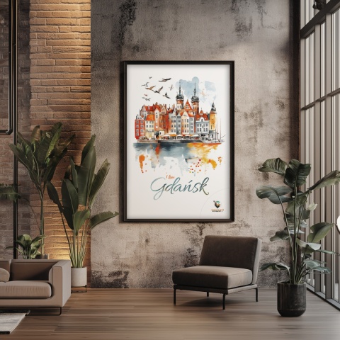 Plakat architektoniczny Format A3 – „Gdańsk – I LOVE GDAŃSK” – Malarska interpretacja Gdańskiej panoramy nad Motławą