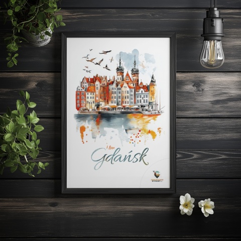 Plakat architektoniczny Format A3 – „Gdańsk – I LOVE GDAŃSK” – Malarska interpretacja Gdańskiej panoramy nad Motławą
