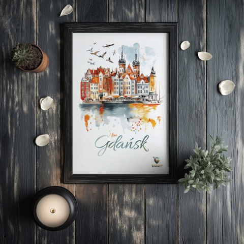 Plakat architektoniczny Format A3 – „Gdańsk – I LOVE GDAŃSK” – Malarska interpretacja Gdańskiej panoramy nad Motławą
