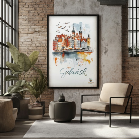 Plakat architektoniczny Format A3 – „Gdańsk – I LOVE GDAŃSK” – Malarska interpretacja Gdańskiej panoramy nad Motławą