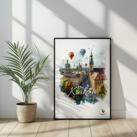 Plakat architektoniczny – „Kraków, w świetle uniesienia” – kolorowa panorama miejskiej zabudowy