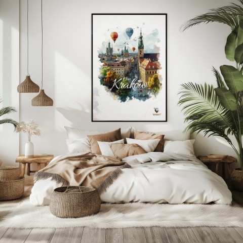 Plakat architektoniczny – „Kraków, w świetle uniesienia” – kolorowa panorama miejskiej zabudowy