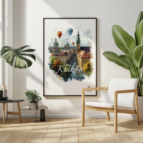 Plakat architektoniczny – „Kraków, w świetle uniesienia” – kolorowa panorama miejskiej zabudowy