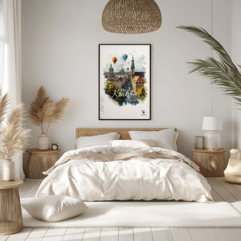 Plakat architektoniczny – „Kraków, w świetle uniesienia” – kolorowa panorama miejskiej zabudowy