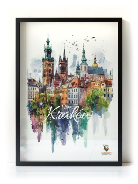 Plakat artystyczny – „Kraków, echo rynku” – kolorowa panorama miejskiej zabudowy