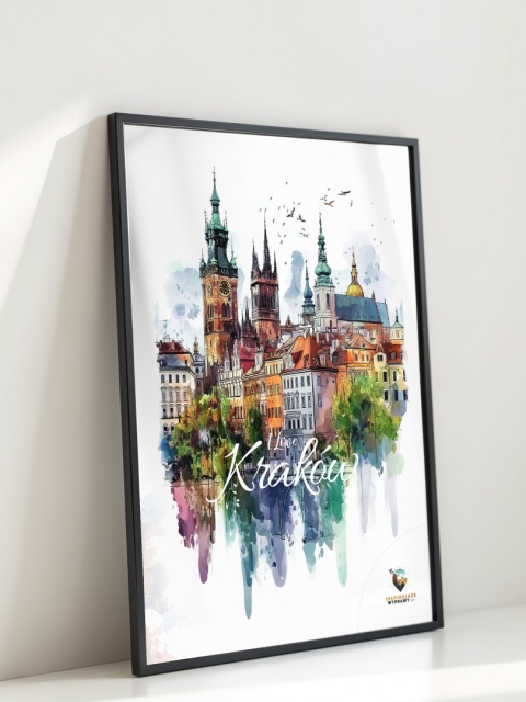 Plakat artystyczny – „Kraków, echo rynku” – kolorowa panorama miejskiej zabudowy