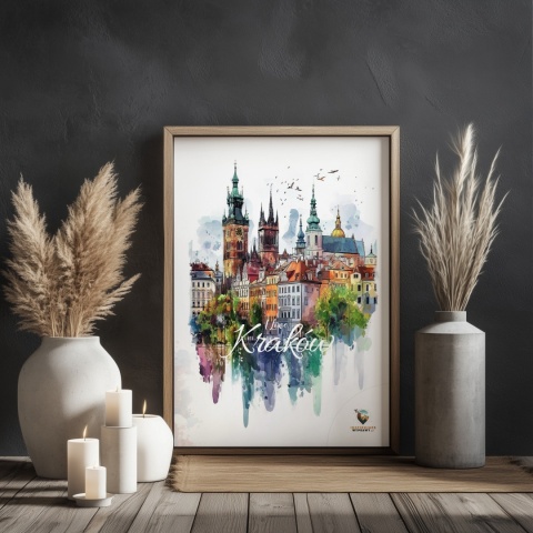 Plakat artystyczny – „Kraków, echo rynku” – kolorowa panorama miejskiej zabudowy