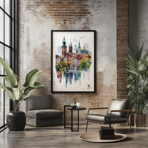 Plakat artystyczny – „Kraków, echo rynku” – kolorowa panorama miejskiej zabudowy