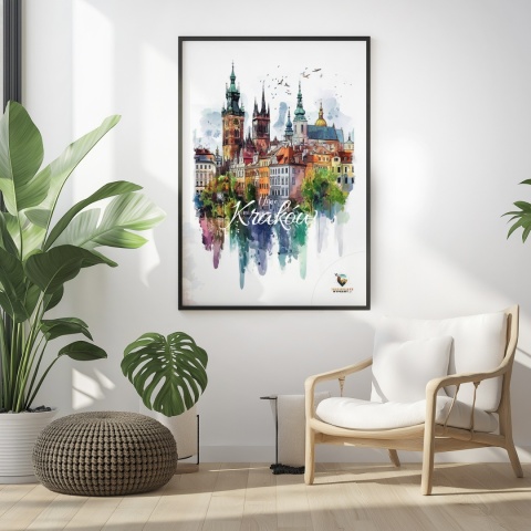 Plakat artystyczny – „Kraków, echo rynku” – kolorowa panorama miejskiej zabudowy
