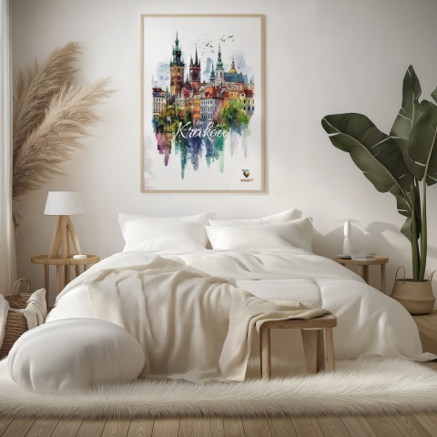 Plakat artystyczny – „Kraków, echo rynku” – kolorowa panorama miejskiej zabudowy