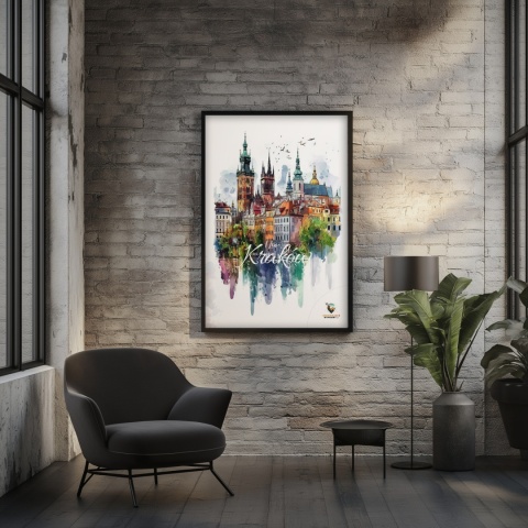 Plakat artystyczny – „Kraków, echo rynku” – kolorowa panorama miejskiej zabudowy