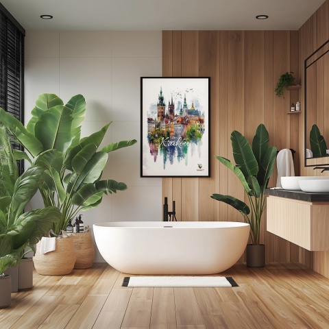 Plakat artystyczny – „Kraków, echo rynku” – kolorowa panorama miejskiej zabudowy