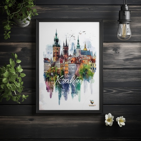 Plakat artystyczny – „Kraków, echo rynku” – kolorowa panorama miejskiej zabudowy