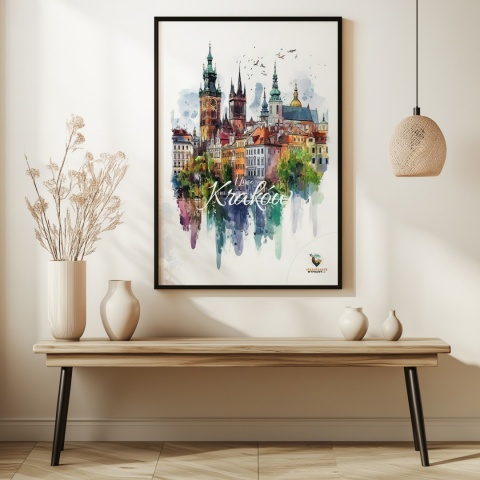 Plakat artystyczny – „Kraków, echo rynku” – kolorowa panorama miejskiej zabudowy