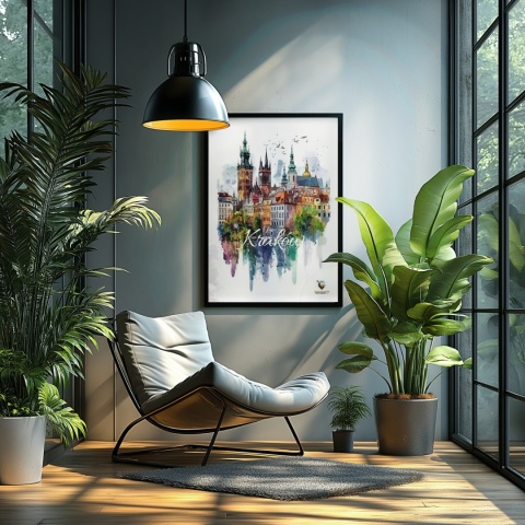 Plakat artystyczny – „Kraków, echo rynku” – kolorowa panorama miejskiej zabudowy