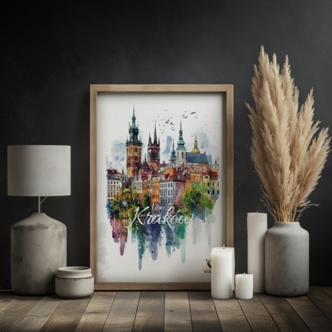 Plakat artystyczny – „Kraków, echo rynku” – kolorowa panorama miejskiej zabudowy