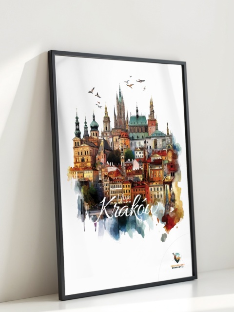 Plakat architektoniczny Format A2 – „Kraków, między światłami” – nocna panorama w stylu symbolicznym