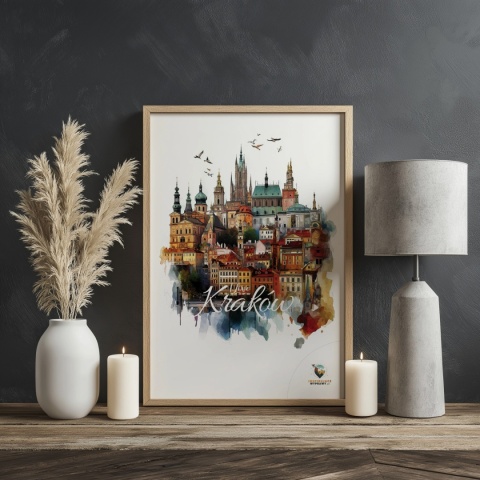 Plakat architektoniczny Format A2 – „Kraków, między światłami” – nocna panorama w stylu symbolicznym
