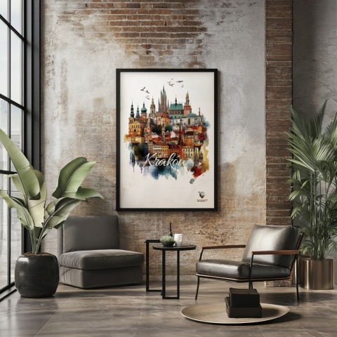 Plakat architektoniczny Format A2 – „Kraków, między światłami” – nocna panorama w stylu symbolicznym