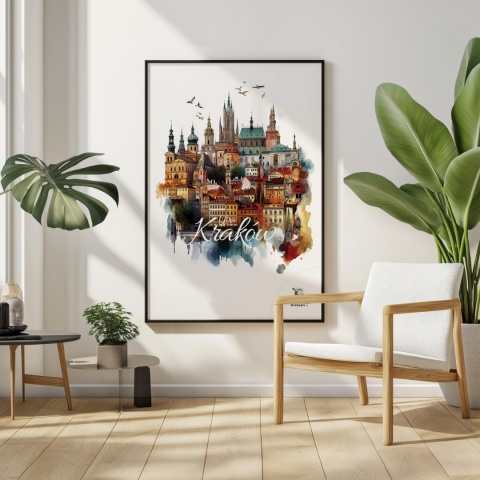 Plakat architektoniczny Format A2 – „Kraków, między światłami” – nocna panorama w stylu symbolicznym