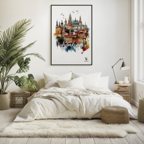 Plakat architektoniczny Format A2 – „Kraków, między światłami” – nocna panorama w stylu symbolicznym