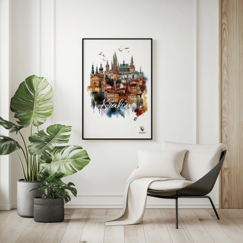 Plakat architektoniczny Format A2 – „Kraków, między światłami” – nocna panorama w stylu symbolicznym