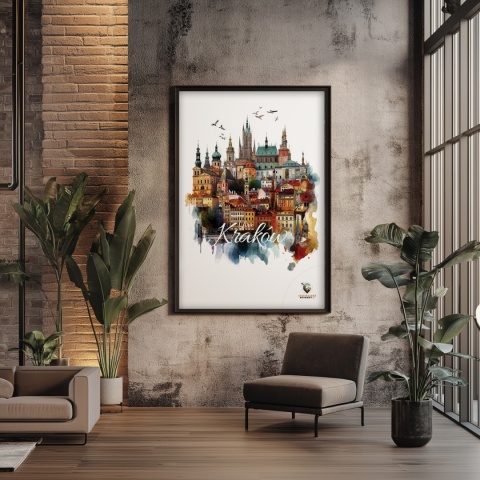 Plakat architektoniczny Format A2 – „Kraków, między światłami” – nocna panorama w stylu symbolicznym