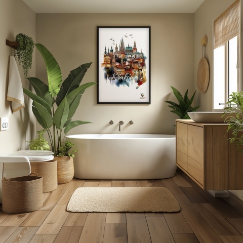 Plakat architektoniczny Format A2 – „Kraków, między światłami” – nocna panorama w stylu symbolicznym