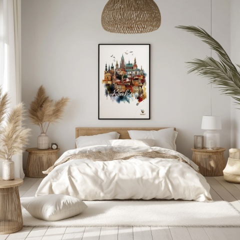 Plakat architektoniczny Format A2 – „Kraków, między światłami” – nocna panorama w stylu symbolicznym