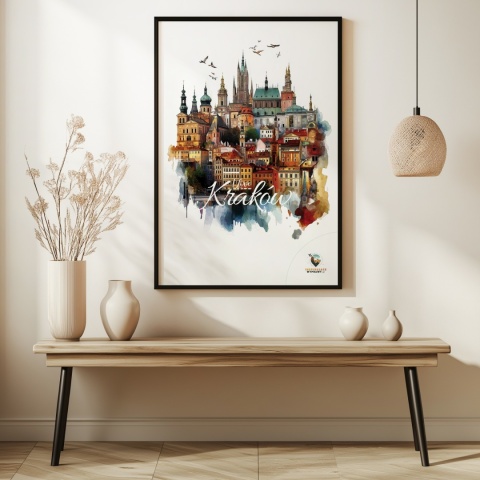 Plakat architektoniczny Format A2 – „Kraków, między światłami” – nocna panorama w stylu symbolicznym