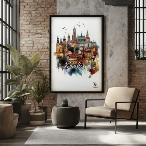 Plakat architektoniczny Format A2 – „Kraków, między światłami” – nocna panorama w stylu symbolicznym