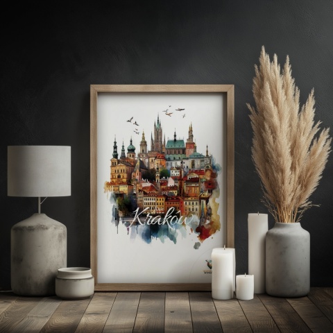 Plakat architektoniczny Format A2 – „Kraków, między światłami” – nocna panorama w stylu symbolicznym