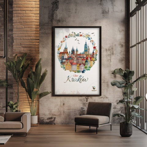 Plakat architektoniczny Format A2 – „Kraków, odbicie myśli” – nastrojowa panorama miasta w ciepłych tonacjach